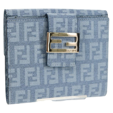 FENDI Zucchino Canvas Compact Wallet Light Blue Gold Auth 160896M