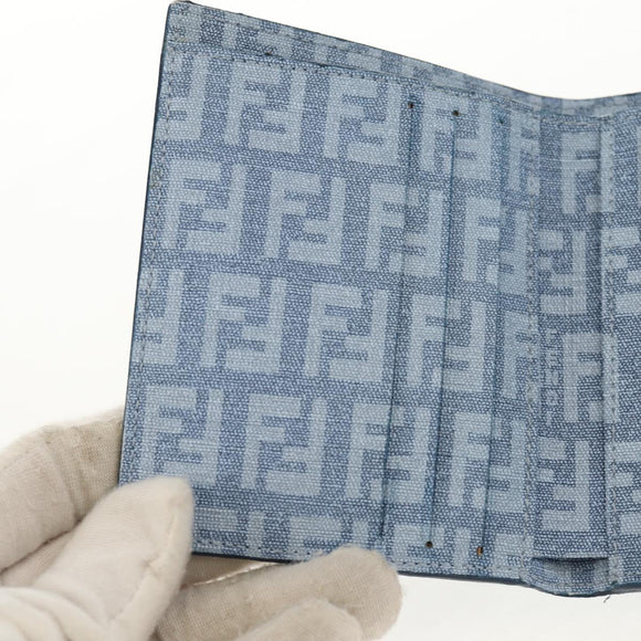 FENDI Zucchino Canvas Compact Wallet Light Blue Gold Auth 160896M