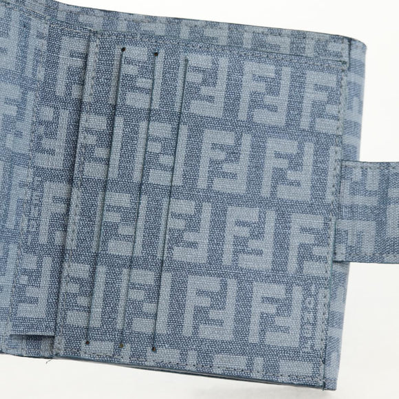 FENDI Zucchino Canvas Compact Wallet Light Blue Gold Auth 160896M