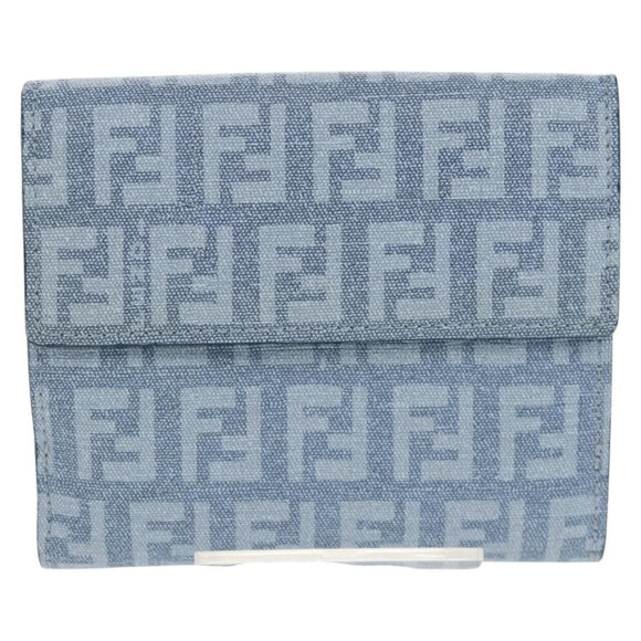 FENDI Zucchino Canvas Compact Wallet Light Blue Gold Auth 160896M