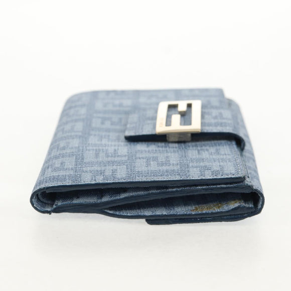 FENDI Zucchino Canvas Compact Wallet Light Blue Gold Auth 160896M