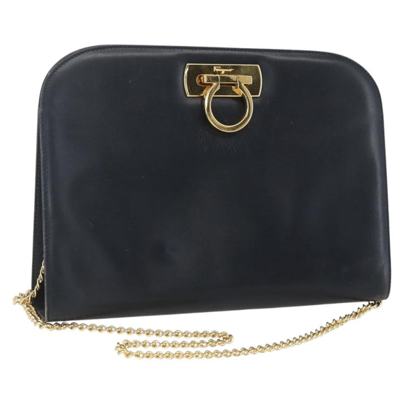 Salvatore Ferragamo Gancini Chain Shoulder Bag Leather Navy Gold Auth 160932