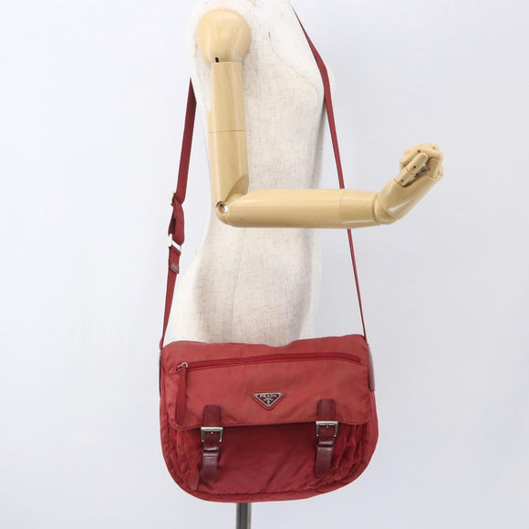 PRADA Shoulder Bag Nylon Red Silver Auth 160963