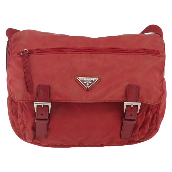 PRADA Shoulder Bag Nylon Red Silver Auth 160963