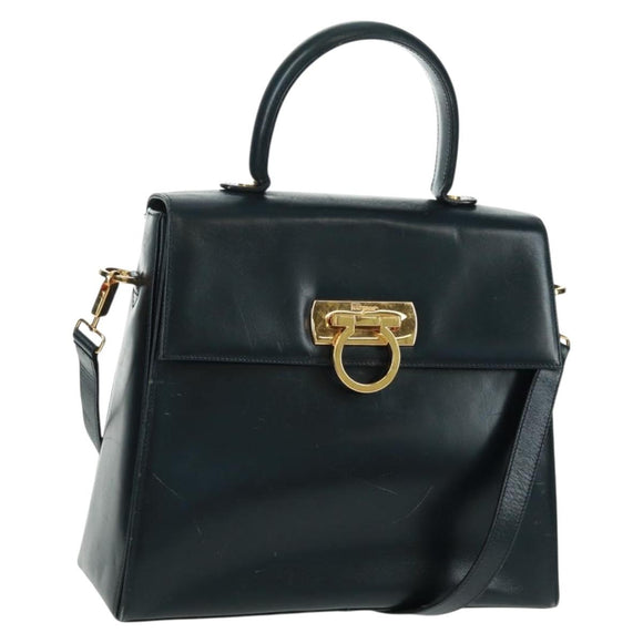 Salvatore Ferragamo Gancini Hand Bag Leather 2way Navy Gold Auth 160979