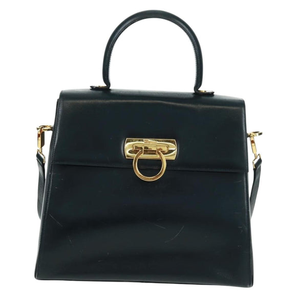 Salvatore Ferragamo Gancini Hand Bag Leather 2way Navy Gold Auth 160979