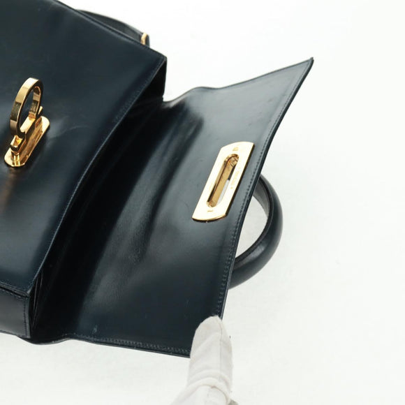 Salvatore Ferragamo Gancini Hand Bag Leather 2way Navy Gold Auth 160979