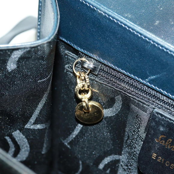 Salvatore Ferragamo Gancini Hand Bag Leather 2way Navy Gold Auth 160979