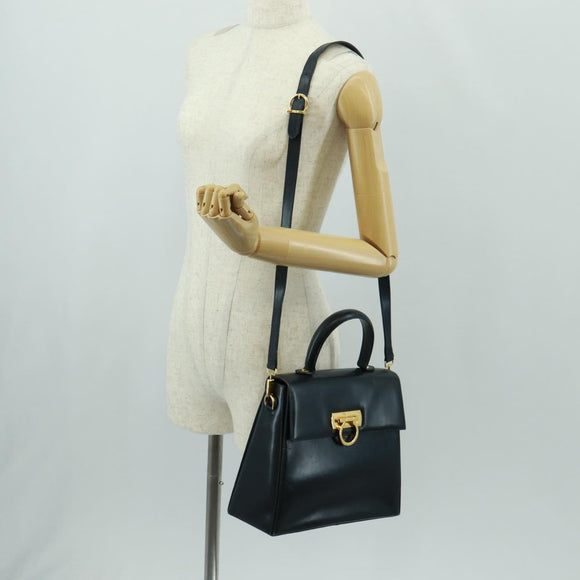 Salvatore Ferragamo Gancini Hand Bag Leather 2way Navy Gold Auth 160979