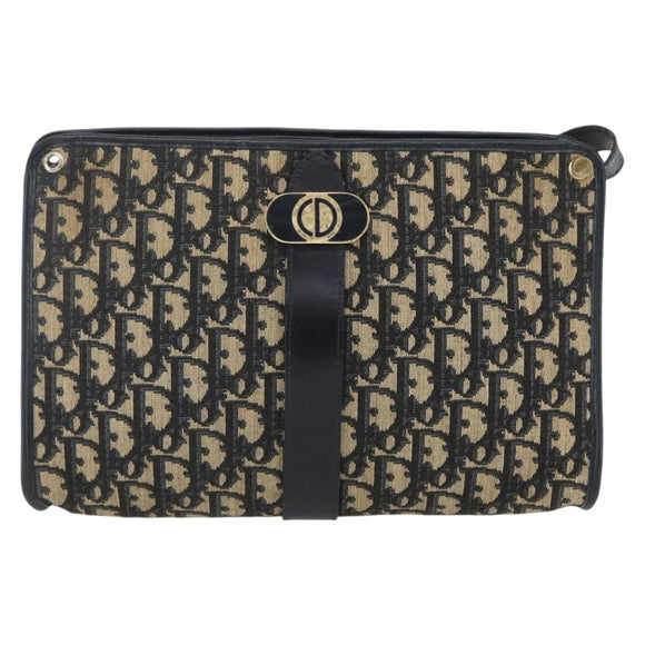Christian Dior Trotter Canvas Shoulder Bag Navy Gold Auth 160990