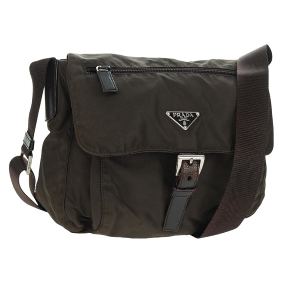 PRADA Shoulder Bag Nylon Khaki Silver Auth 160992