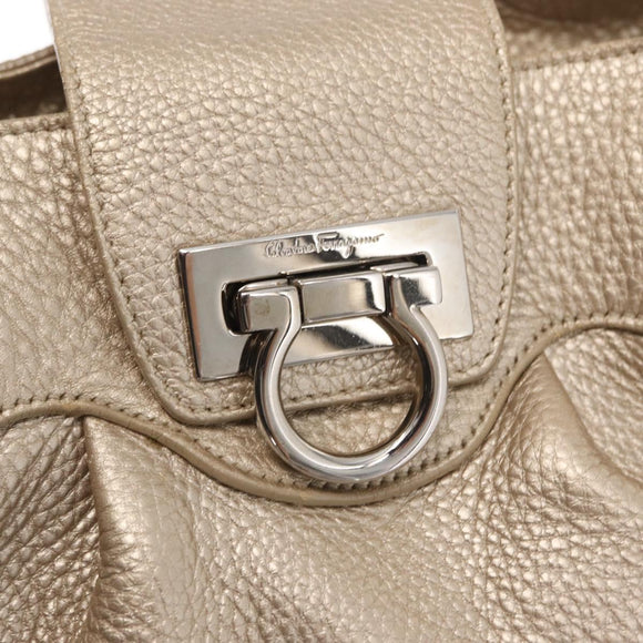 Salvatore Ferragamo Gancini Handtasche Leder Champagner Gold Silber Auth 161013