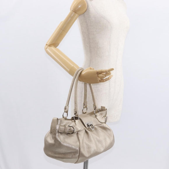 Salvatore Ferragamo Gancini Handtasche Leder Champagner Gold Silber Auth 161013