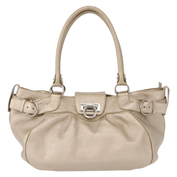 Salvatore Ferragamo Gancini Handtasche Leder Champagner Gold Silber Auth 161013