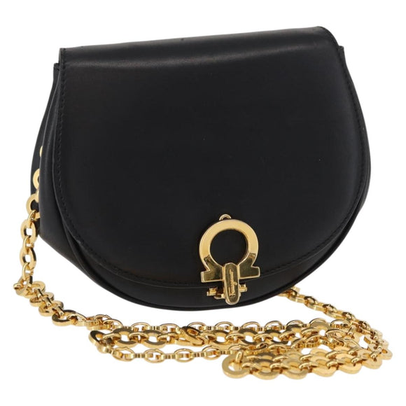 Salvatore Ferragamo Chain Gancini Shoulder Bag Leather Black Gold Auth 161032