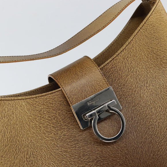 Salvatore Ferragamo Gancini Shoulder Bag Leather Beige Silver Auth 161036