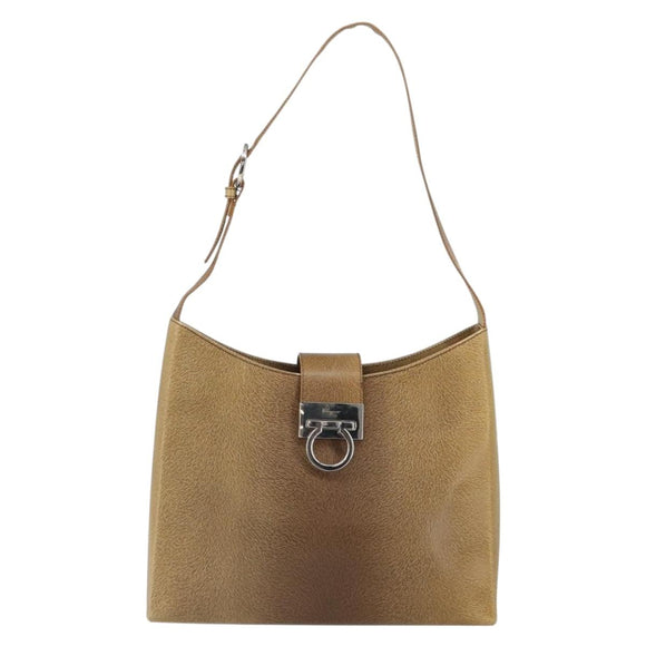 Salvatore Ferragamo Gancini Shoulder Bag Leather Beige Silver Auth 161036
