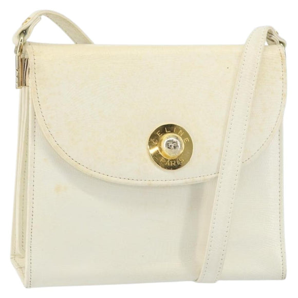 CELINE Shoulder Bag Leather White Gold Auth 161037