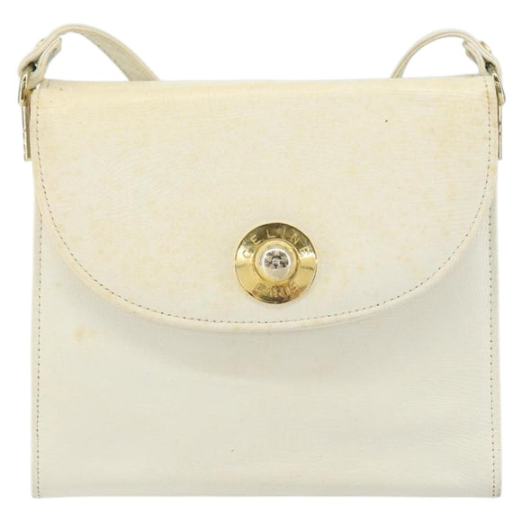 CELINE Shoulder Bag Leather White Gold Auth 161037