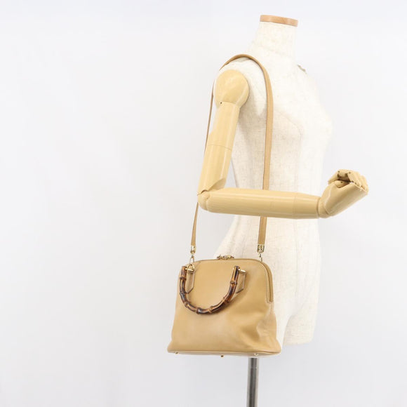 GUCCI Bamboo Hand Bag Leather 2way Beige Gold 000 3780 0290 Auth 161050