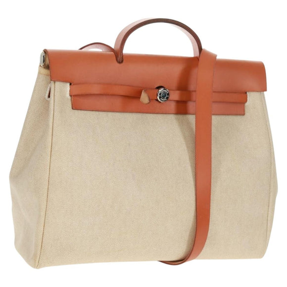 HERMES Her bag Hand Bag Canvas Leather 2way Beige Silver Auth 161063V