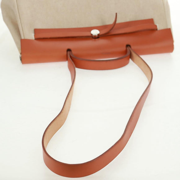 HERMES Her bag Hand Bag Canvas Leather 2way Beige Silver Auth 161063V
