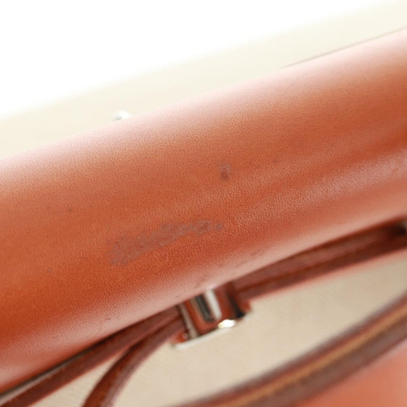 HERMES Her bag Hand Bag Canvas Leather 2way Beige Silver Auth 161063V