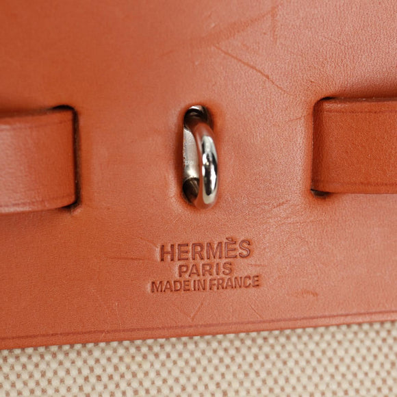 HERMES Her bag Hand Bag Canvas Leather 2way Beige Silver Auth 161063V