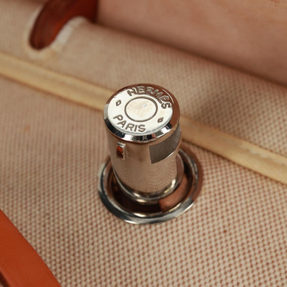 HERMES Her bag Hand Bag Canvas Leather 2way Beige Silver Auth 161063V