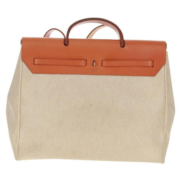 HERMES Her bag Hand Bag Canvas Leather 2way Beige Silver Auth 161063V