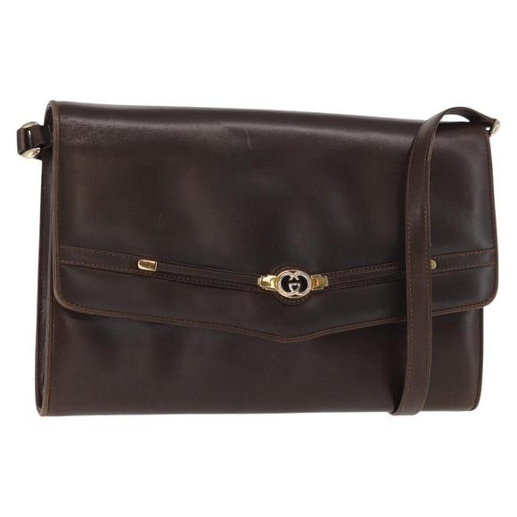 GUCCI Shoulder Bag Leather Dark Brown Gold 406 004 2008 Auth 161069