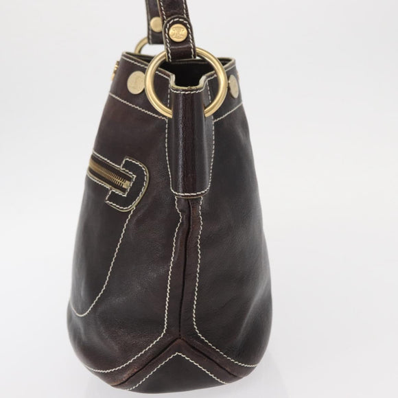 CELINE Shoulder Bag Leather Dark Brown Gold Auth 161102