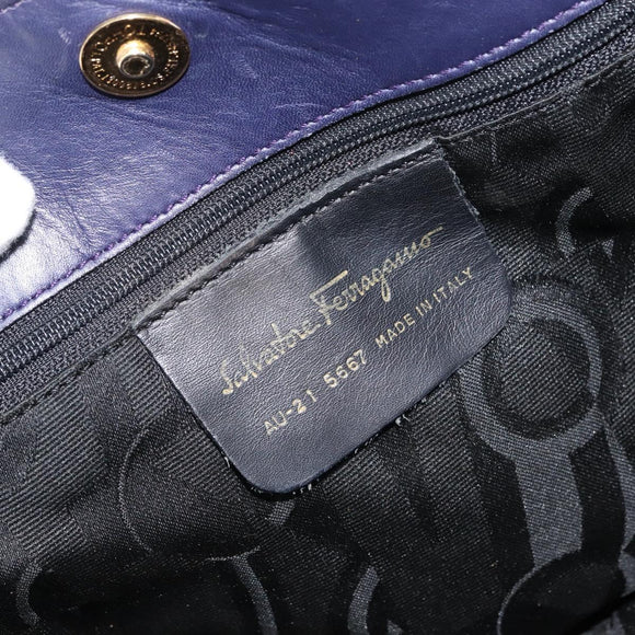 Salvatore Ferragamo Vala Chain Shoulder Bag Canvas Navy Gold Auth 161104