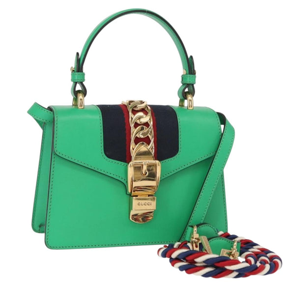 GUCCI Silvi Sherry Line Hand Bag Leather 2way Green Gold 470270 Auth 161142M