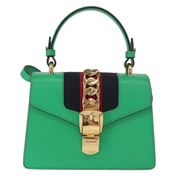 GUCCI Silvi Sherry Line Hand Bag Leather 2way Green Gold 470270 Auth 161142M