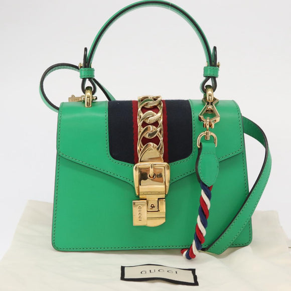 GUCCI Silvi Sherry Line Hand Bag Leather 2way Green Gold 470270 Auth 161142M
