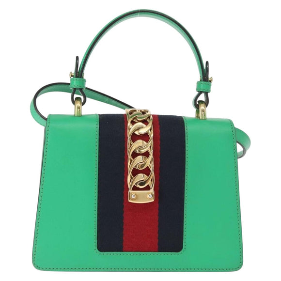 GUCCI Silvi Sherry Line Hand Bag Leather 2way Green Gold 470270 Auth 161142M