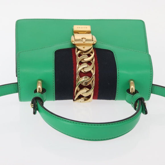 GUCCI Silvi Sherry Line Hand Bag Leather 2way Green Gold 470270 Auth 161142M