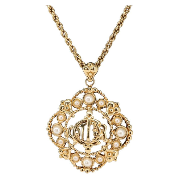 Christian Dior Pearl Emblem Necklace metal Gold Tone Auth 161155V