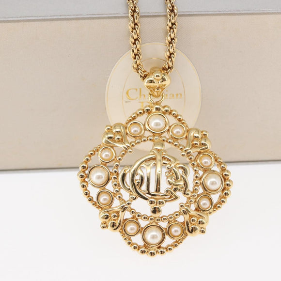 Christian Dior Pearl Emblem Necklace metal Gold Tone Auth 161155V