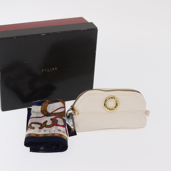 CELINE Circle Pouch Nylon Handkerchief Set White Gold Auth 161157