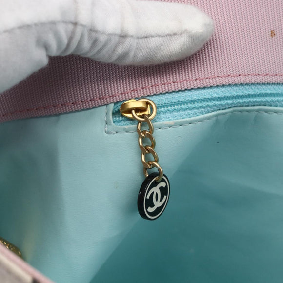 CHANEL Choco Bar Tote Bag Canvas Pink Gold CC Auth 161158