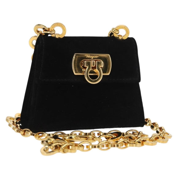 Salvatore Ferragamo Gancini Chain Shoulder Pouch Suede Black Gold Auth 161208