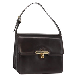 GUCCI Hand Bag Leather Dark Brown Gold Auth 161217