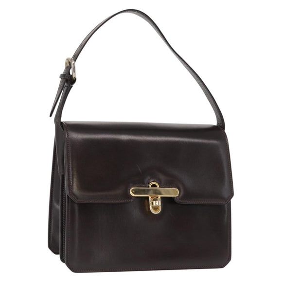 GUCCI Hand Bag Leather Dark Brown Gold Auth 161217