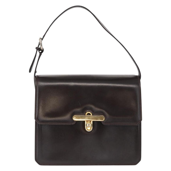 GUCCI Hand Bag Leather Dark Brown Gold Auth 161217