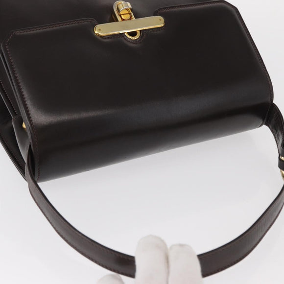 GUCCI Hand Bag Leather Dark Brown Gold Auth 161217