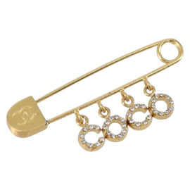 CHANEL Coco Rhinestone Safety Pin Brooch metal Gold Tone CC Auth 161234V