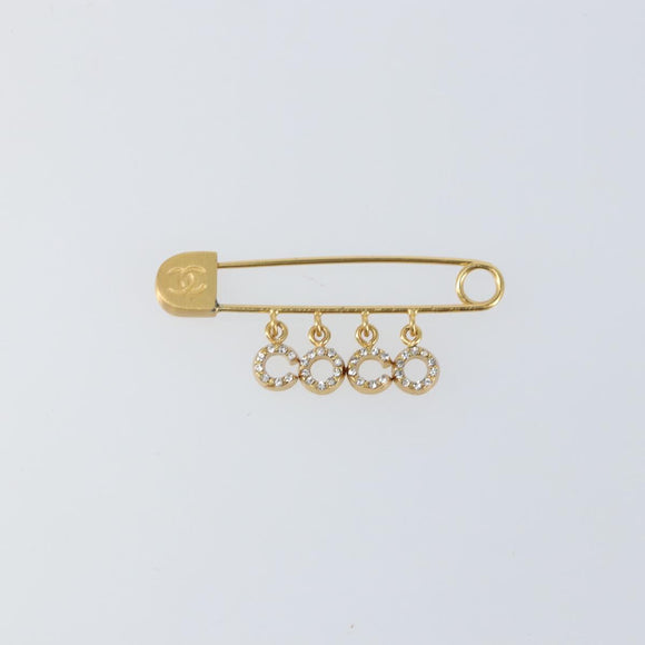 CHANEL Coco Rhinestone Safety Pin Brooch metal Gold Tone CC Auth 161234V