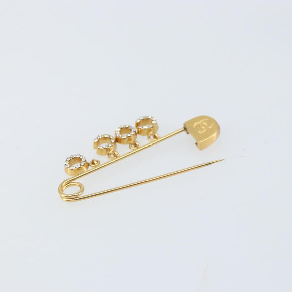 CHANEL Coco Rhinestone Safety Pin Brooch metal Gold Tone CC Auth 161234V